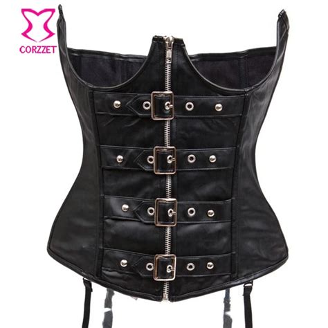 Black Faux Leather Cupless Corsets And Bustiers Zipper Waist Trainer Underbust Corset Gothic