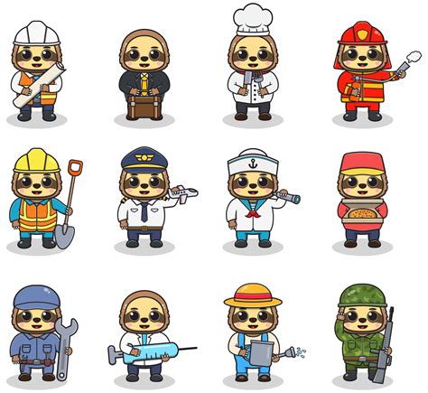 Cartoon Sloth in professional uniform. Vector set of Sloth different