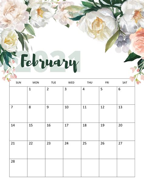 Floral February 2021 Calendar Printable Cute Designs
