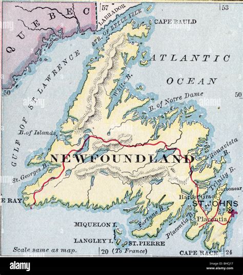 Original Old Map Of Newfoundland From 1903 Geography Textbook Stock