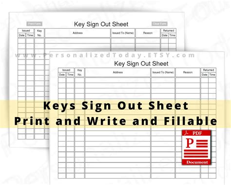 Key Sign Out Sheet Fillable And Print And Write Pdf Files Us Etsy