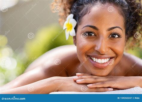 Beauty African Woman Lying On Massage Table At Spa Stock Image Image Of Bodycare Smiling