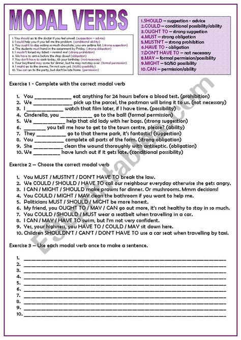 The modal verbs of english are a small class of auxiliary verbs used mostly to express modality (properties such as possibility, obligation, etc.). Modal Verbs Summary and Practice - ESL worksheet by tashaleks