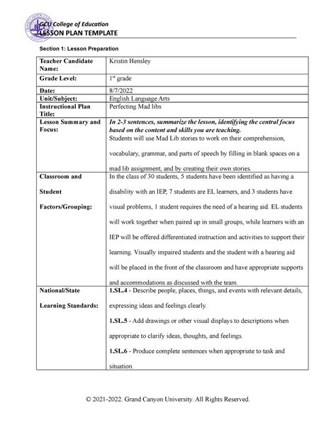 Gcu Esl 440n Benchmark Lesson Planning For English Language Learners Lesson Plan Template
