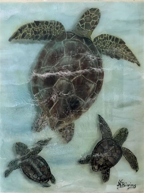 Mama And 2 Babies Sea Turtles Overhead View Acrylicresin Original In