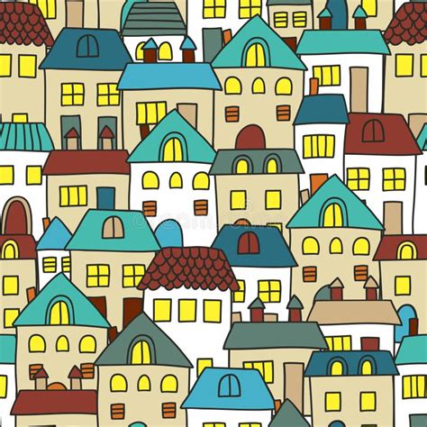 Cute Cartoon Pattern With Houses Seamless Vector Background Stock