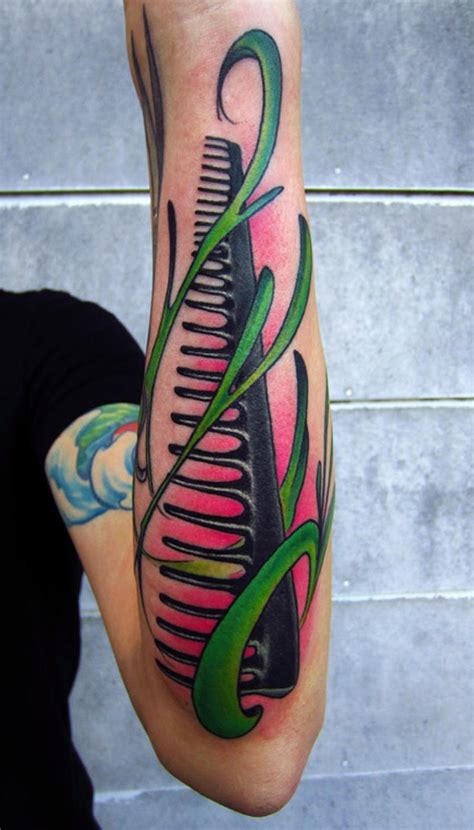 Hair Cutting Comb With Filigree Color Arm Girl Tattoo By Jon Von Glahn