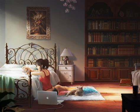 desktop wallpaper cute anime girl relaxed bedroom original hd image