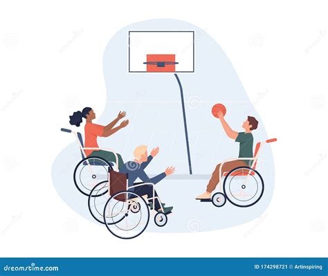 Joyful Disabled Kids In Wheelchairs Playing With Ball And Male Coach