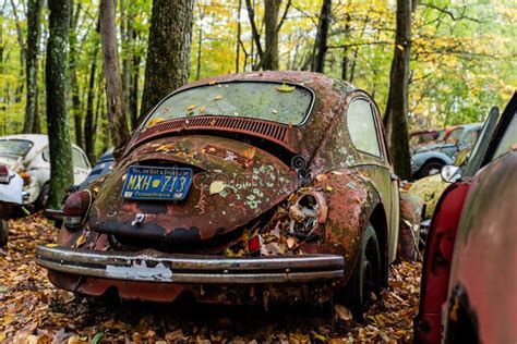 Vintage Antique Car Junkyard In Autumn Abandoned Volkswagen Type 1
