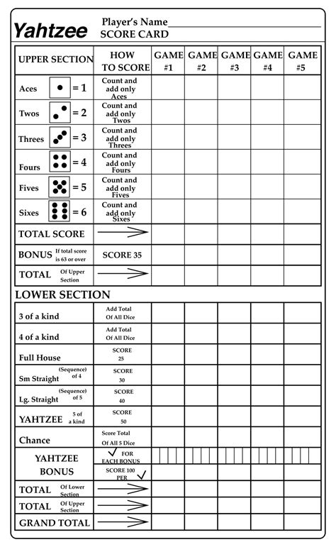 Printable Yahtzee Score Cards