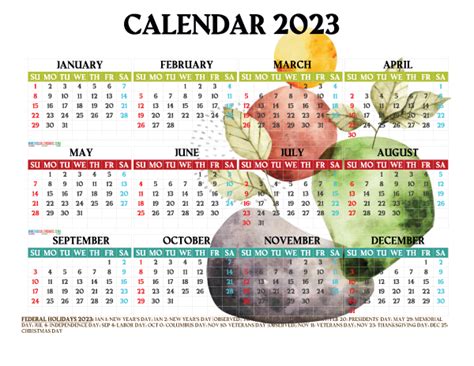 Free Printable 2023 Yearly Calendar With Holidays Watercolor Y2746amagro