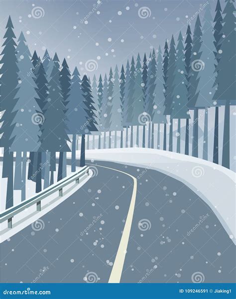 Winter Landscape With Forest Snow And Road Stock Vector Illustration