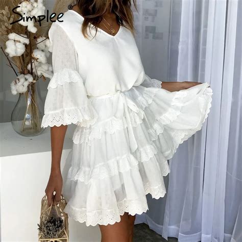 Buy Simplee Elegant Embroidery White Women Dress Flare Sleeve Ruffle Sashes