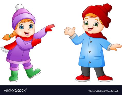 Cartoon Girl And Boy Wearing Winter Clothes Vector Image