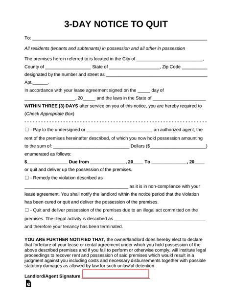 Free Three Day Eviction Notice To Pay Or Quit Pdf Word Eforms