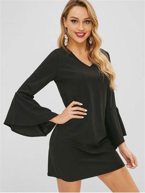 24 Off 2021 Bell Sleeve Mini Shift Dress In Black Zaful