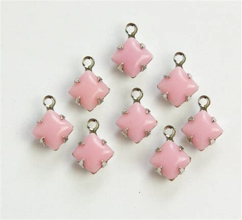 Vintage Opaque Pink Square Glass Stones 1 Loop Silver Setting