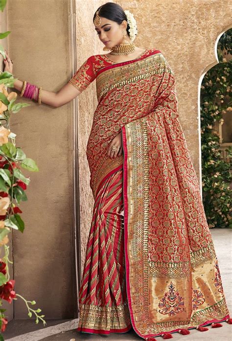 Shop Red Pure Banarasi Silk Designer Bridal Saree Freeshipping All Over The World Item Code