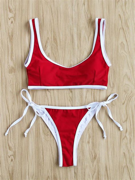 Shop Contrast Trim Side Tie Bikini Set Online Shein Offers Contrast Trim Side Tie Bikini Set