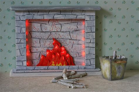 Toy Fireplace With A Fire Made With Their Own Hands Stock Photo Image