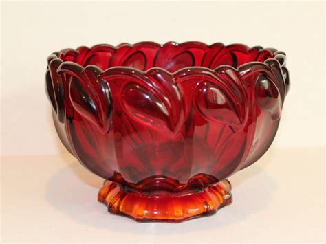 Vintage Amberina Glass Footed Bowl Ruby Red Glass Heart Leaf