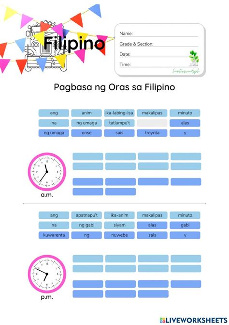 Pagbasa Ng Oras Sa Filipino Worksheet Interactive