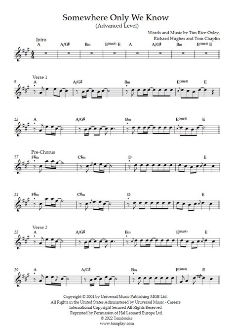 Somewhere Only We Know Advanced Level Keane Flute Sheet Music