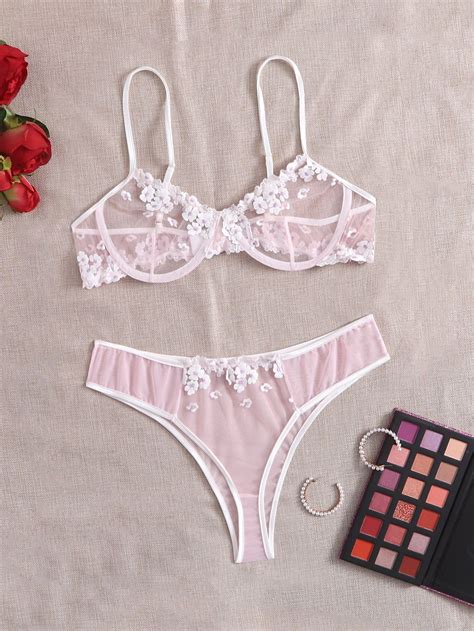 Baby Pink Romantic Mesh Floral Sexy Sets Slight Stretch Women Plus