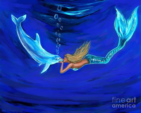 Mermaid Giving Dolphin Loves Painting By Leslie Allen