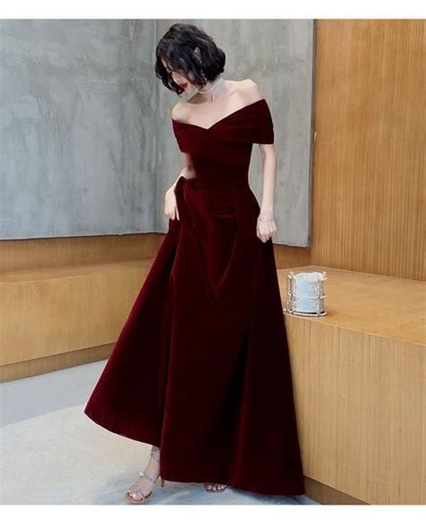 Beautiful Dark Red Velvet Off Shoulder Bridesmaid Dress A Line Long