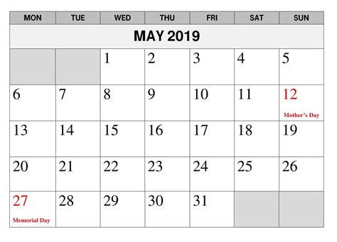 May 2019 With Federal Holidays Calendar Print Calendar Calendar