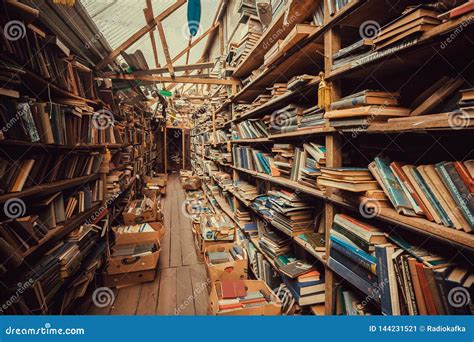 Collection Of Antique Books Inside Old Bookstore With Corridors And