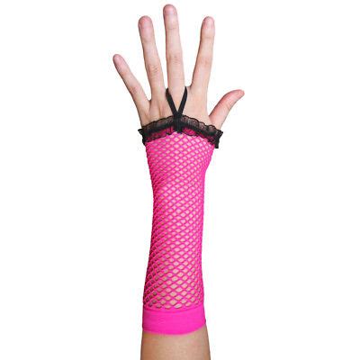 Neon Pink Fingerless Fishnet Gloves With Ruffle HALLOWEEN 80 S PUNK