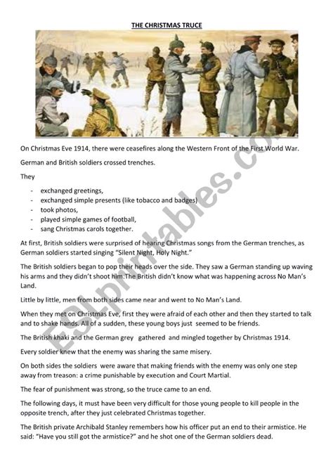 The Christmas Truce Reading Comprehension Esl Worksheet By Federic