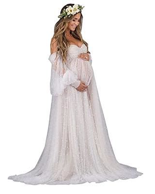 Nnagrace Pearl Tulle Maternity Dress For Photoshoot Long Puffy Sleeve