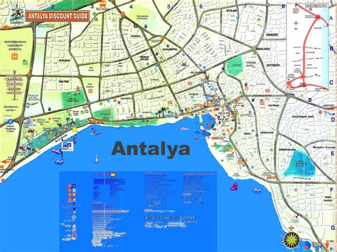 I byer er gateplanen veldig detaljert fordi den viser viktige kontorer, severdigheter osv. Antalya turist kart - Antalya attraksjoner kart (Tyrkia)