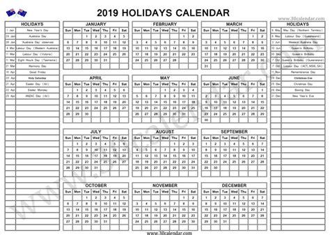 Australia 2019 Holidays Printable Calendar Template Calendar