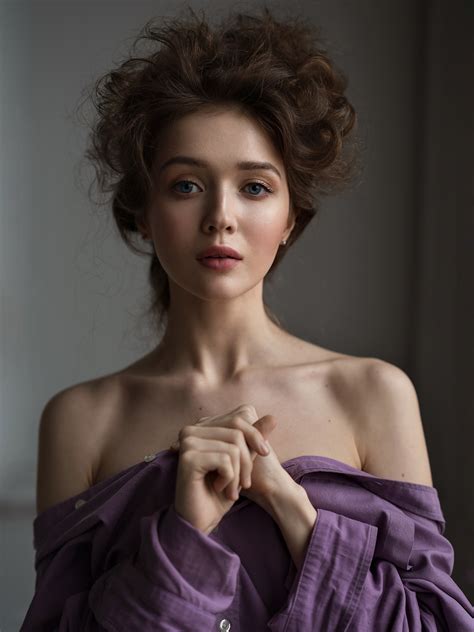 Alexey Kazantsev Women Brunette Messy Hair Looking At Viewer Portrait Purple Clothing Bare