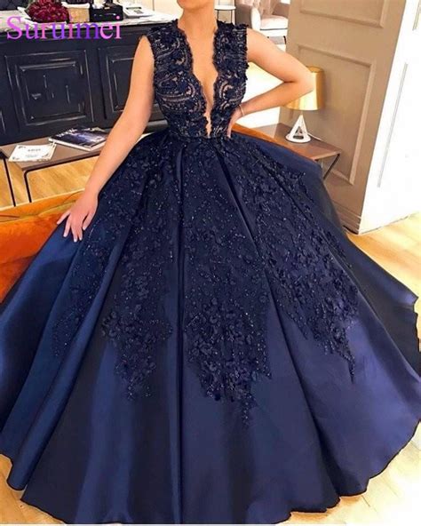 Dark Blue Puffy Ball Gown Evening Dresses 2019 Newest Lace Appliqued
