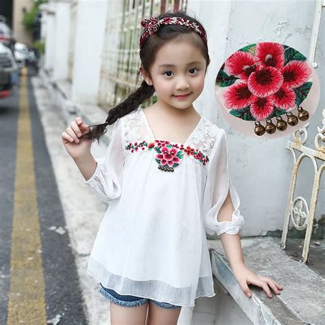 2018 Summer Spring Floral Embroidered Chiffon Girls Blouses Children