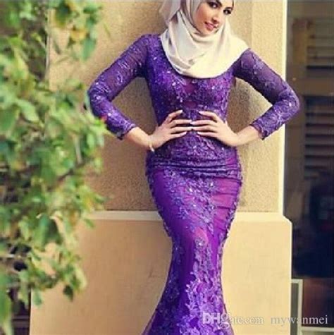 Lace Mermaid Long Sleeve Muslim Evening Dress 2015 New Arrival Formal Dresses Purple Evening