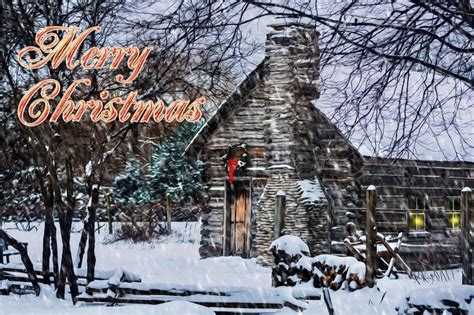 Winter Christmas Scene With A Log Cabin Stock Photo