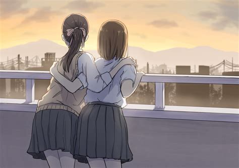 Safebooru 2girls Absurdres Betock Black Hair Brown Hair City From Behind Hand On Anothers