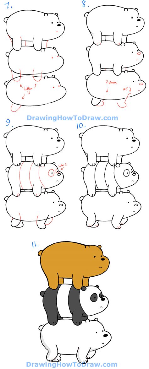 how to draw grizzly panda and ice bear from we bare bears bearstack how to draw step by step