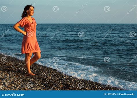 Young Woman Stands Ashore Of Sea Stock Photo Image Of Lifestyle