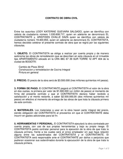 Contrato De Obra Civil Lk Page 1 Of 3 Contrato De Obra Civil Entre