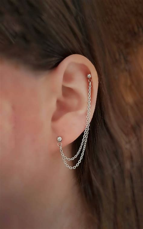 Helix Cartilage To Lobe Earring Stainless Steel Double Chain Etsy