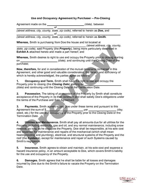 Pre Closing Occupancy Agreement Form Us Legal Forms