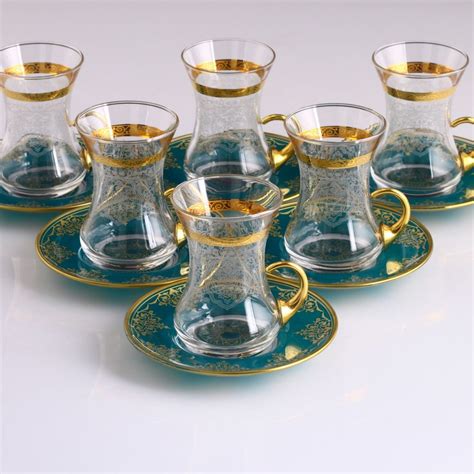 Pcs Turquoisse Rumeysa Turkish Tea Set With Holder FairTurk Com